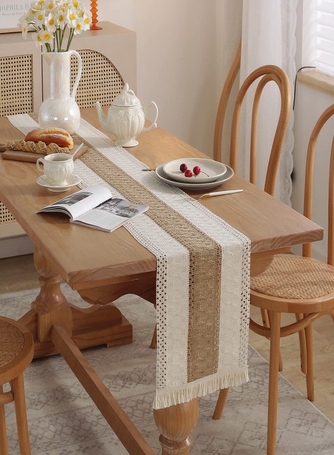 Jeloris Boho Burlap Macrame Table Runner, Farmhouse Style Cotton Linen Rustic Woven Table Runner with Tassels for Dining, Wedding, Bridal Shower, Bohemian (12x108 inch, Coffee Stripe) - Image 2
