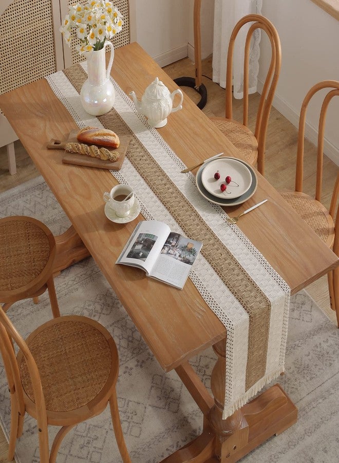 Jeloris Boho Burlap Macrame Table Runner, Farmhouse Style Cotton Linen Rustic Woven Table Runner with Tassels for Dining, Wedding, Bridal Shower, Bohemian (12x108 inch, Coffee Stripe) - Image 5