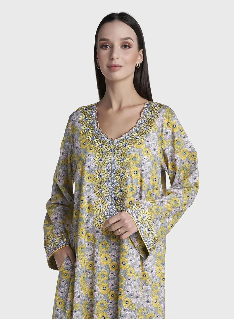 كشخة Multi Colour Stone Work Liberty Cotton Floral Printed Jalabiya (VG2994)