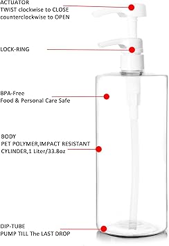 Youngever يوينغيفر 4 عبوات 1000 مل 1 لتر زجاجات شامبو فارغة مع مضخة بلاستيكية أسطوانية - Image 3