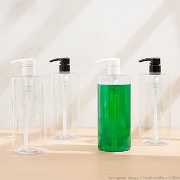 Youngever يوينغيفر 4 عبوات 1000 مل 1 لتر زجاجات شامبو فارغة مع مضخة بلاستيكية أسطوانية - Image 2