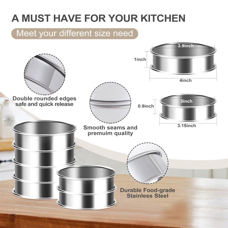 Noeixrah 8Pcs Crumpet Rings, 4 & 3.15 Inches Nonstick English Muffin Rings, Stainless Steel Double Rolled Tart Ring, Round Metal Pastry Ring Molds for Baking Cake Dessert Food Making Tool - Image 4