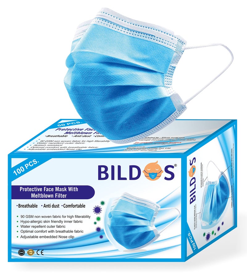 Bildos® Melt-Blown Layer 100 Pieces Disposable Face Mask With In-built Nose Clip (Blue) For Men & Women - Image 5
