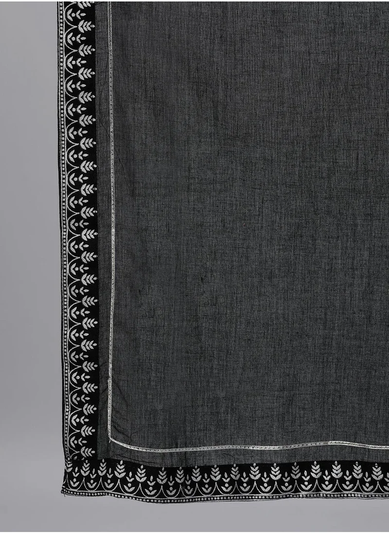 آي شين Straight Fit Embroidered Pattern Round Neck Three-Quarter Sleeves Black Colour Knitted Cotton Kurta Set for Women with Semi Elastic Closure - Unmatched Grace and Comfort
