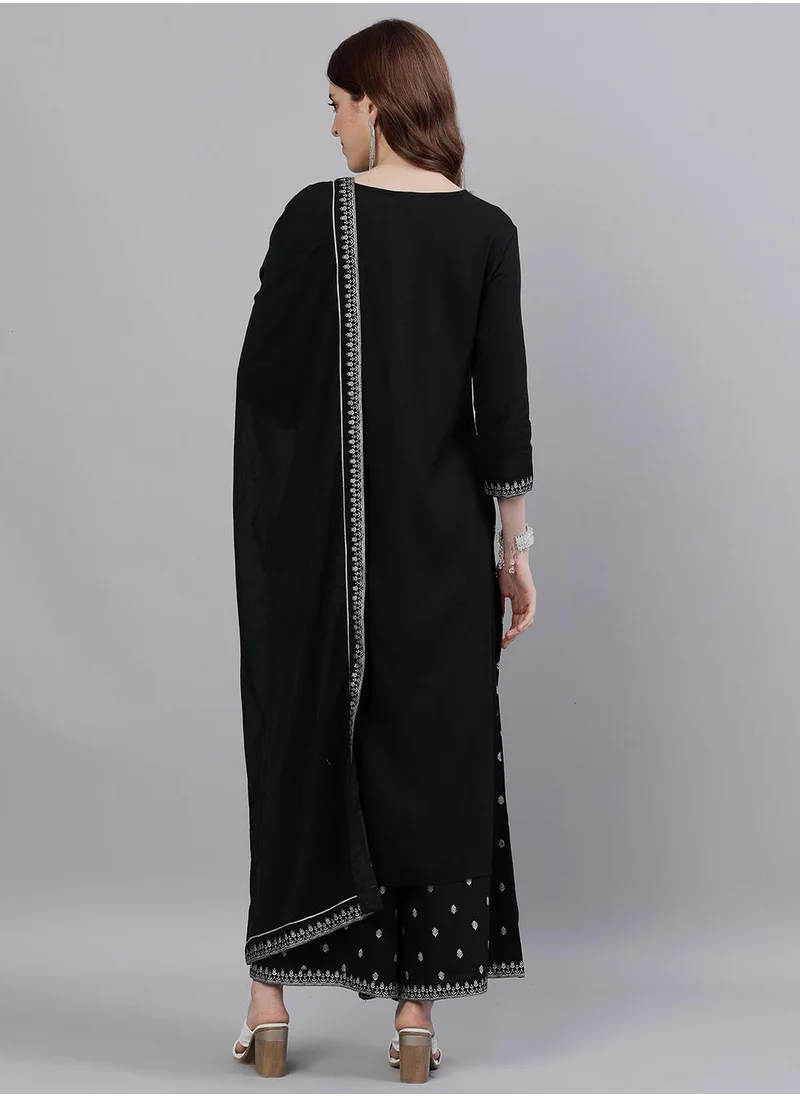 ISHIN Straight Fit Embroidered Pattern Round Neck Three-Quarter Sleeves Black Colour Knitted Cotton Kurta Set for Women with Semi Elastic Closure - Unmatched Grace and Comfort