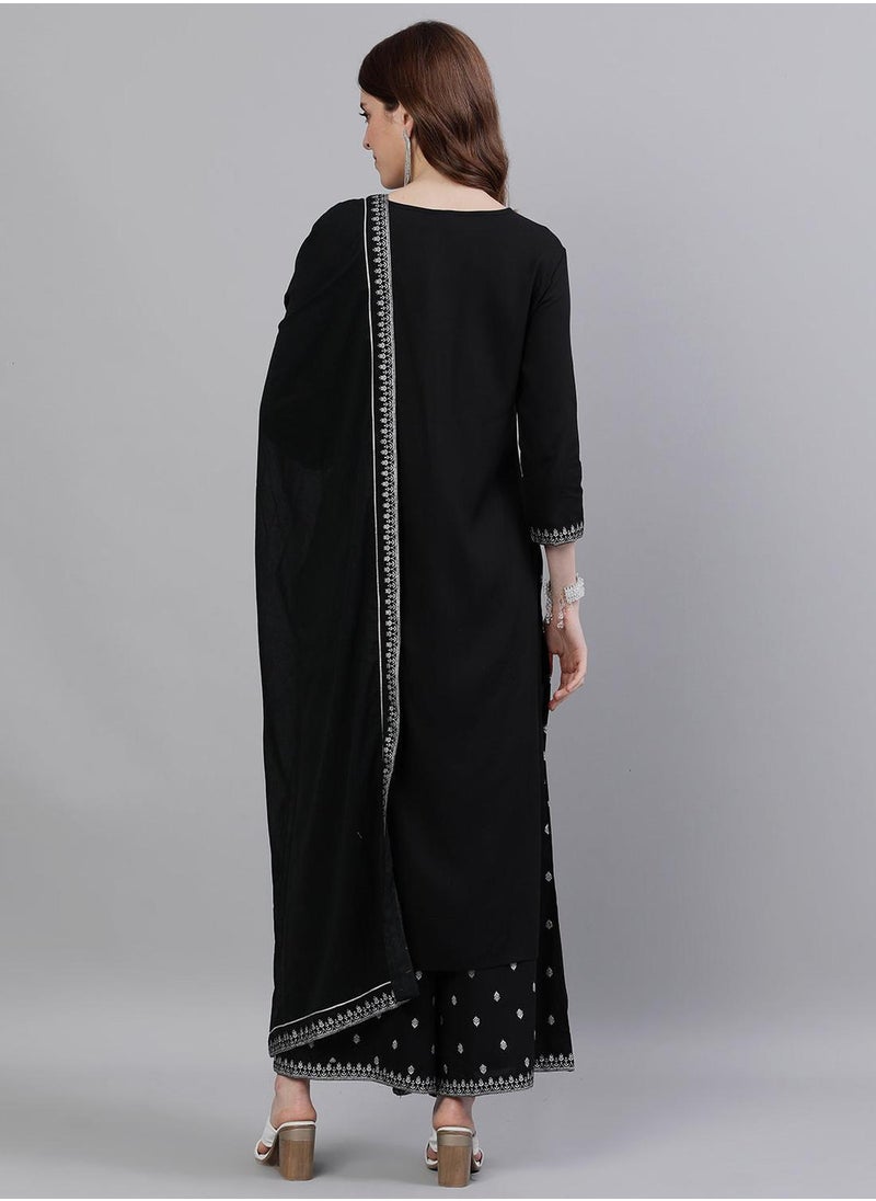 ISHIN Straight Fit Embroidered Pattern Round Neck Three-Quarter Sleeves Black Colour Knitted Cotton Kurta Set for Women with Semi Elastic Closure - Unmatched Grace and Comfort  - Image 2