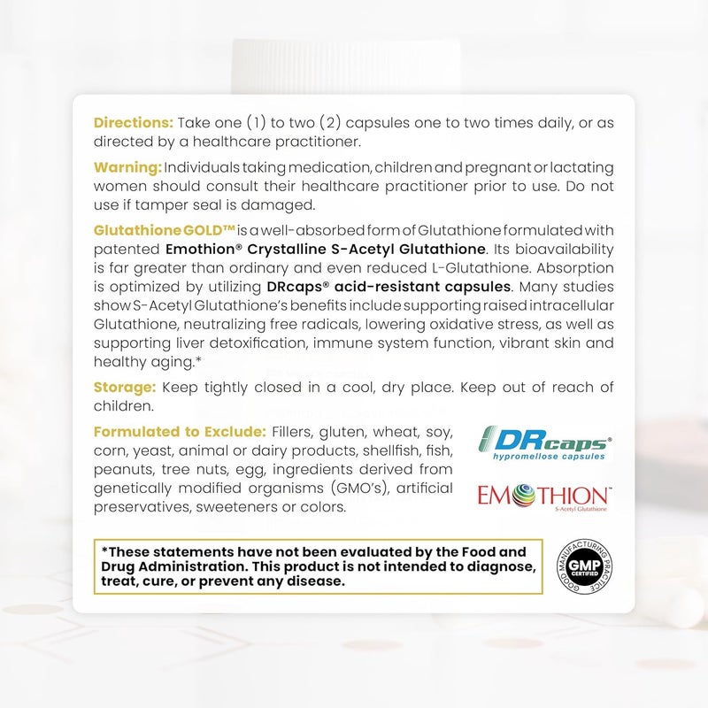 Pure Therapro Rx SAcetyl Glutathione GOLD 300mg PER Capsule  60 DRcaps AcidResistant  ExtraStrength  Patented Acetylated Form of Glutathione Emothion  Pharmaceutical Grade  Freeof Harmful Stearates - Image 3