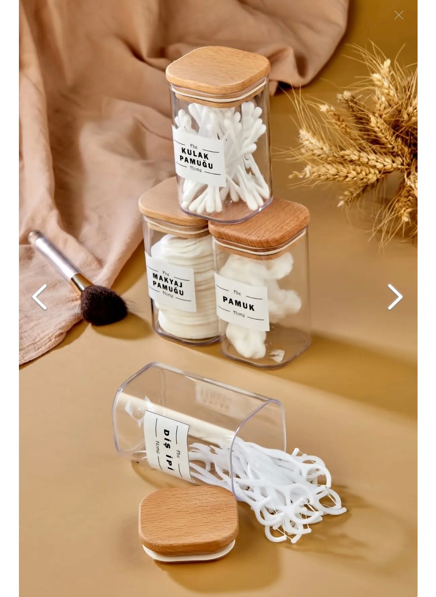 Fbz Home 4-Piece 250 ml Wooden Cover Acrylic Dental Floss & Cotton Bud & Cotton & Makeup Cotton Bathroom Set  - Image 2