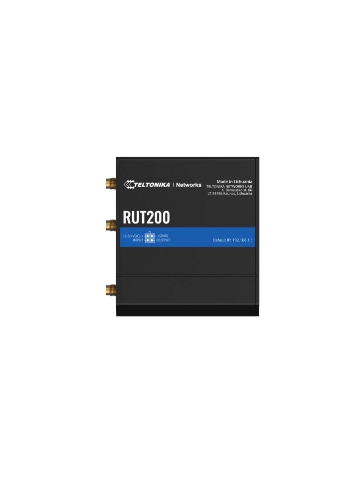 RUT200 is a compact industrial cellular router that provides reliable, mission-critical connectivity in rigorous conditions common in industries like automation, transportation, and manufacturing. This model is equipped with 4G LTE, Wi-Fi, and two Ethernet ports, making it ideal for quickly setting up primary and backup connectivity with remote management capabilities.