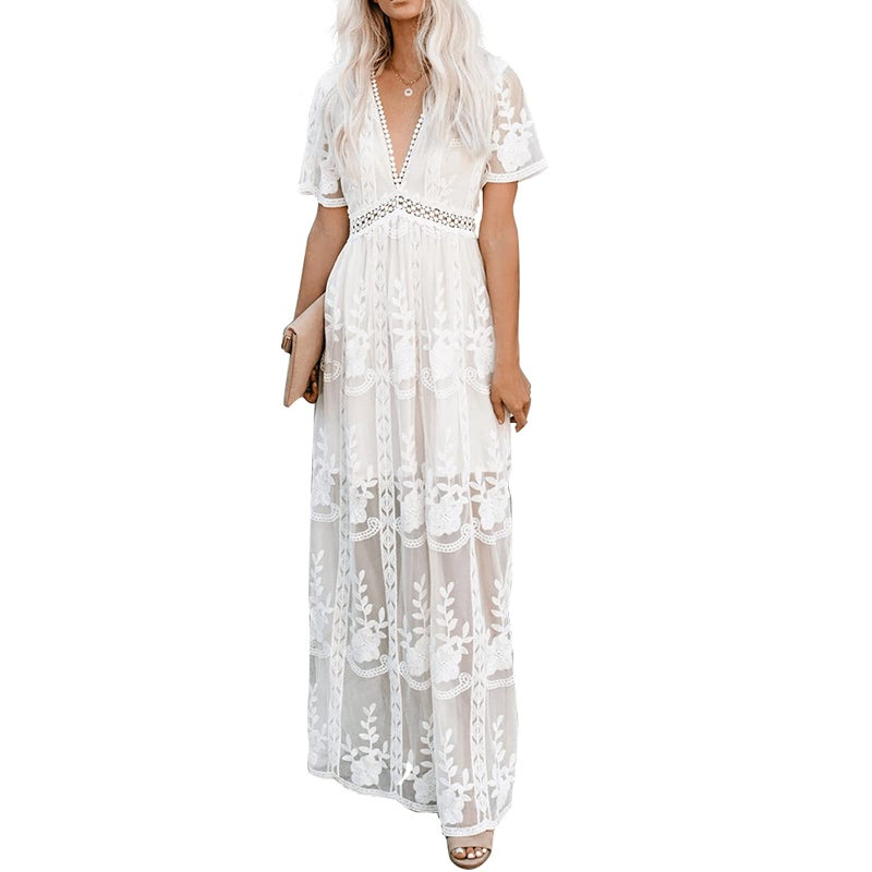 amropi Womens Deep V Neck Short Sleeve Floral Lace Dress Long Bridesmaid Maxi Dresses White,S - Image 5