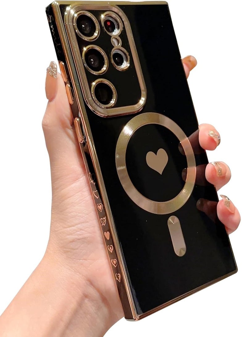 Mmmon Magnetic Phone Case for Samsung Galaxy S22 Ultra Compatible with MagSafe Heart Case for Women Luxury Plating Full Camera Lens Protect Soft Silicone Cover for S22 Ultra(Black) - Image 1