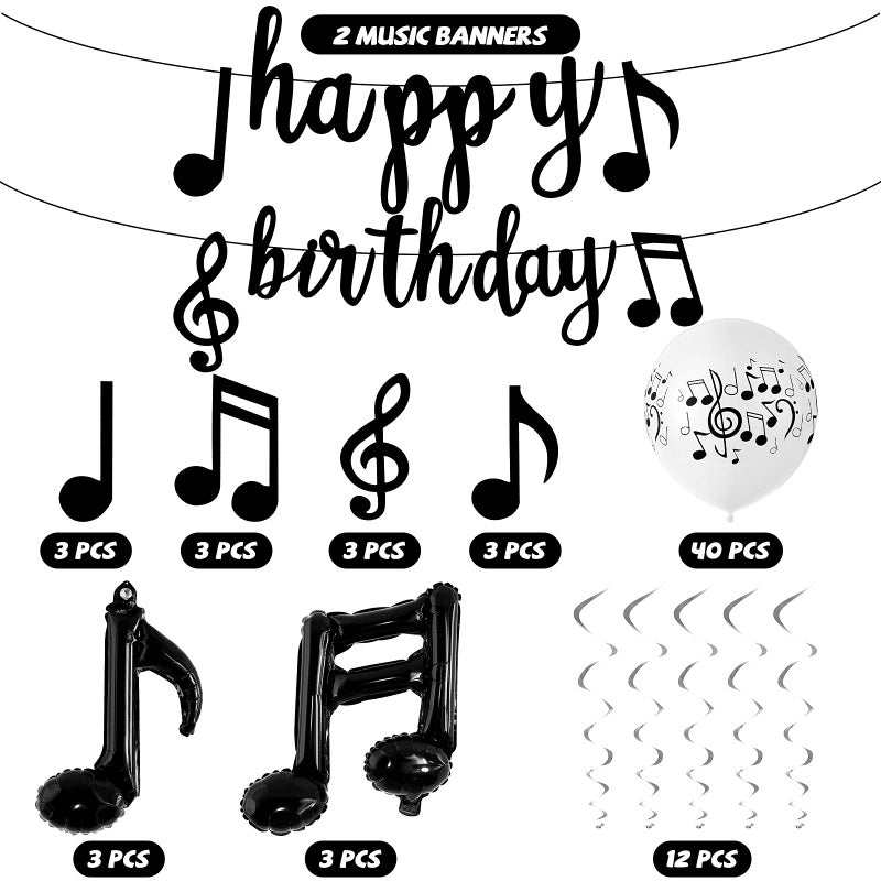 Skylety 60 Pieces Music Theme Party Decorations Set Include Music Note Note Latex Balloons Foil Balloons Banner Hanging Swirls for Birthday Party Wedding Supplies - Image 2
