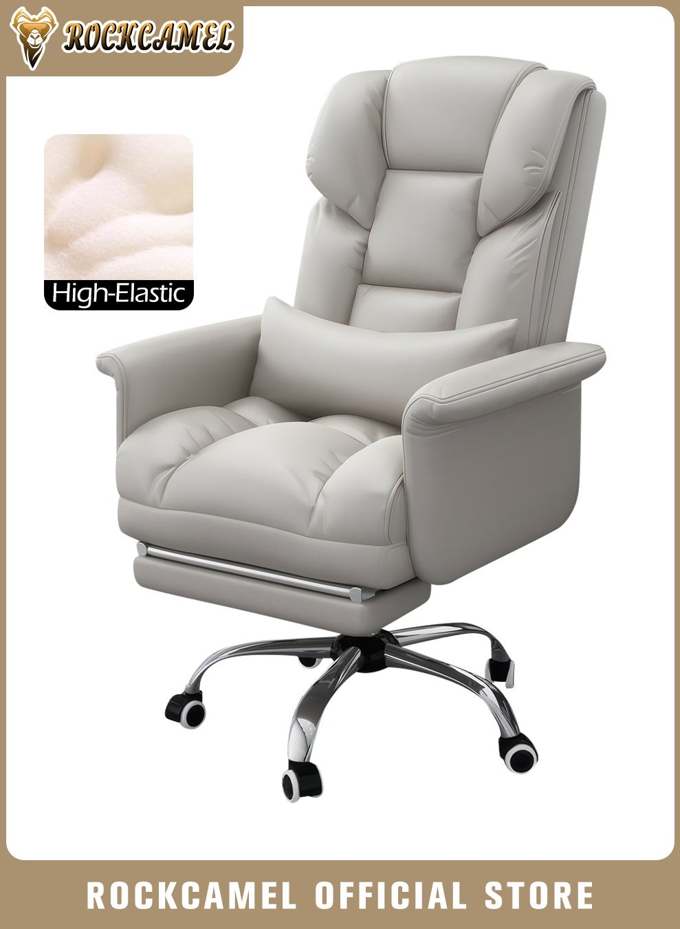 Ergonomic Office Chair/Boss Chair with Lumbar Support and Retractable Footrest, PU Leather Executive Chair High Back, Steel Silent Caster Base, Head & Arm Support, Computer Desk Chair for Home or Office, Light Grey