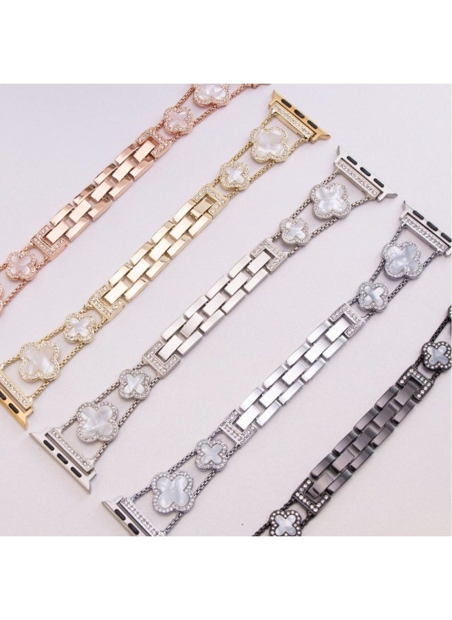 Generic - For AppleWatch Iwatchs9 Strap Four-leaf Clover Fritillaria Diamond Applewatchs8se Metal Strap-Color:Rose Gold White Shell (strap Only)-Specifications:For AppleModel 42/44/45/49mm - Image 1