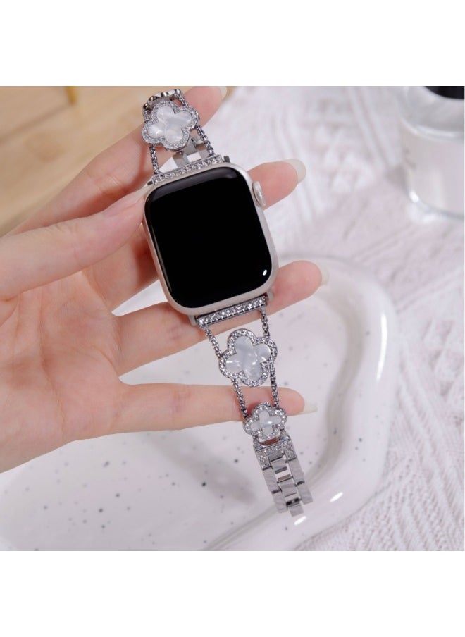 Generic - For AppleWatch Iwatchs9 Strap Four-leaf Clover Fritillaria Diamond Applewatchs8se Metal Strap-Color:Rose Gold White Shell (strap Only)-Specifications:For AppleModel 42/44/45/49mm - Image 1