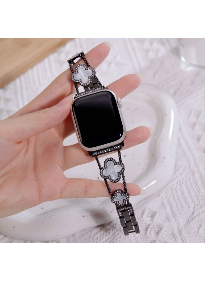 Generic - For AppleWatch Iwatchs9 Strap Four-leaf Clover Fritillaria Diamond Applewatchs8se Metal Strap-Color:Rose Gold White Shell (strap Only)-Specifications:For AppleModel 42/44/45/49mm - Image 1