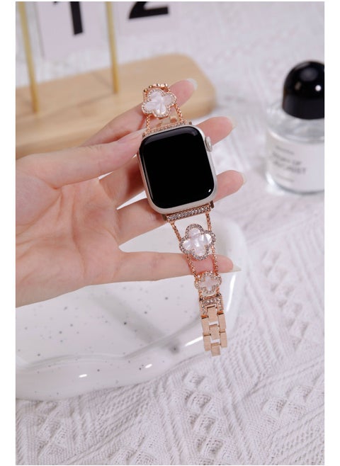 For AppleWatch Iwatchs9 Strap Four-leaf Clover Fritillaria Diamond Applewatchs8se Metal Strap-Color:Rose Gold White Shell (strap Only)-Specifications:For AppleModel 42/44/45/49mm