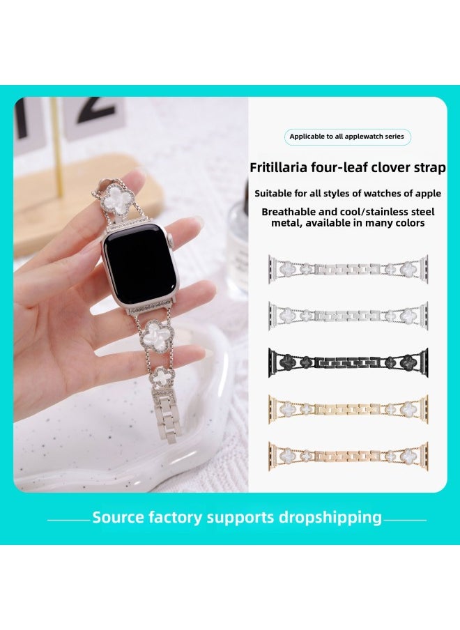 Generic - For AppleWatch Iwatchs9 Strap Four-leaf Clover Fritillaria Diamond Applewatchs8se Metal Strap-Color:Rose Gold White Shell (strap Only)-Specifications:For AppleModel 42/44/45/49mm - Image 1