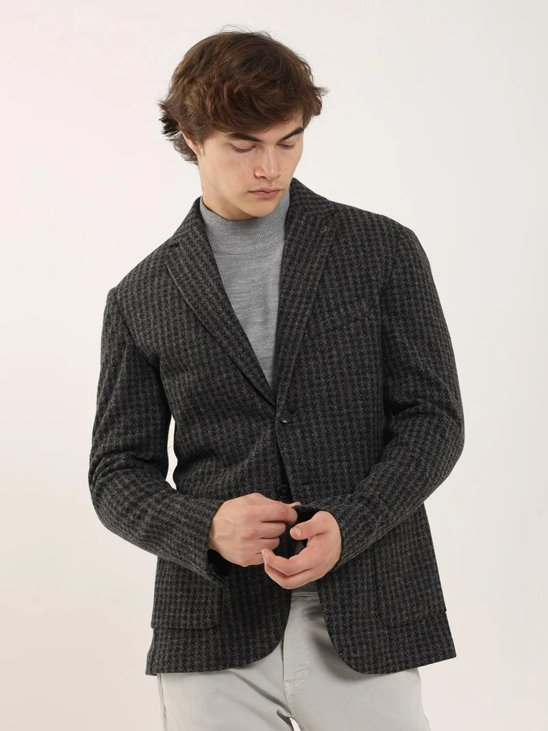 Dufy Dark Gray Melange Men's Slim Fit Mono Collar Jacket - 97184