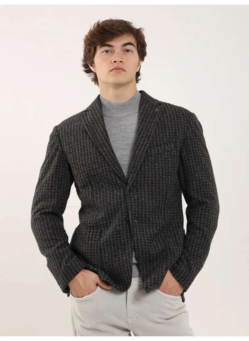 Dufy Dark Gray Melange Men's Slim Fit Mono Collar Jacket - 97184