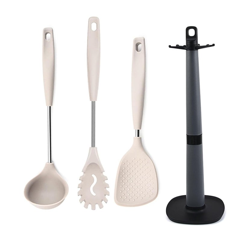 WOODTULA WOODTULA Dosa Ladle Silicone Spoon for Cooking Spagethi Server Pasta Fork Rice Server Skimmer Spoon for Frying Karandi Holder Ladles for Cooking Spatula Stand Karchi for Cooking Set of 4 Cream  - Image 1