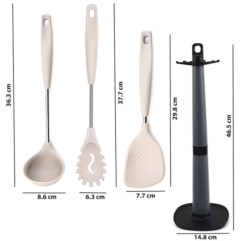 WOODTULA WOODTULA Dosa Ladle Silicone Spoon for Cooking Spagethi Server Pasta Fork Rice Server Skimmer Spoon for Frying Karandi Holder Ladles for Cooking Spatula Stand Karchi for Cooking Set of 4 Cream  - Image 2