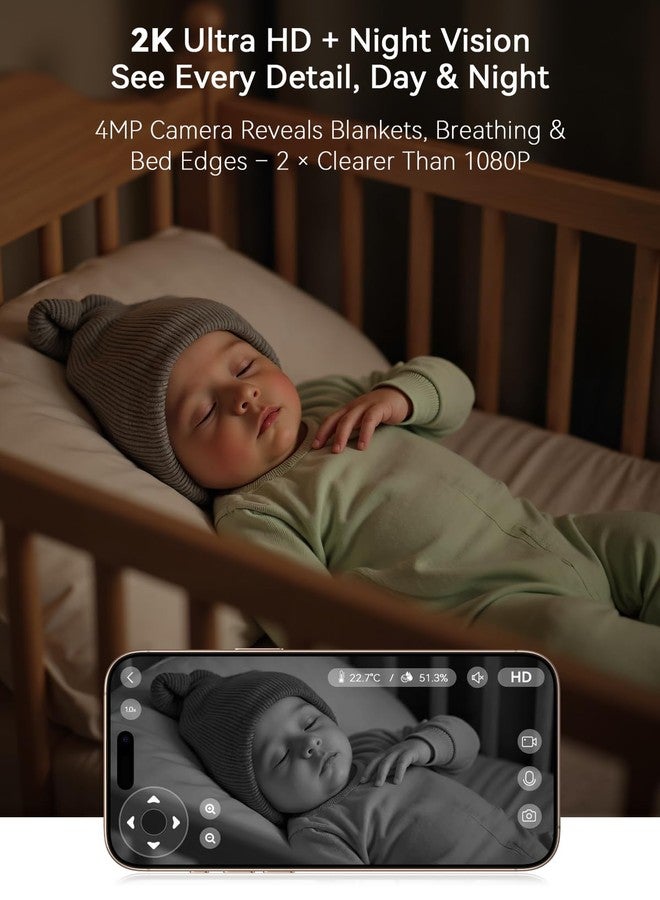 Outinput Baby Monitor with Camera and Audio, 2K 4MP Indoor Security Camera for Home, 360° PTZ, AI Crying & Feeding Alerts, Night Vision with Gentle Light, Soothing Lullabies, 2-Way Audio - Image 2