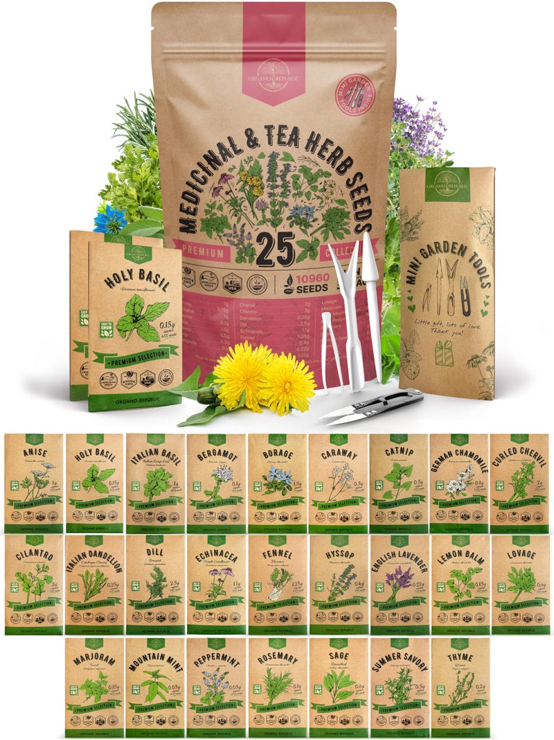 Organo Republic مجموعة بذور الأعشاب الطبية والشاي من أورغانو ريبابليك 25 نوعًا للزراعة الداخلية والخارجية. 10900+ بذور حديقة غير معدلة وراثيًا: يانسون، بوراج، كزبرة، بابونج، هندباء، إكليل الجبل، نعناع. - Image 1