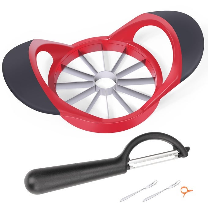 472 INCH 12 SUPER SHARP STAINLESS STEEL BLADES APPLE SLICER CORER AND DIVIDER 1 SUPER SHARP STAINLESS STEEL PEELER 2 STAINLESS STEEL FRUIT FORKS AND 1 ORANGE CITRUS PEELER TOOL RED