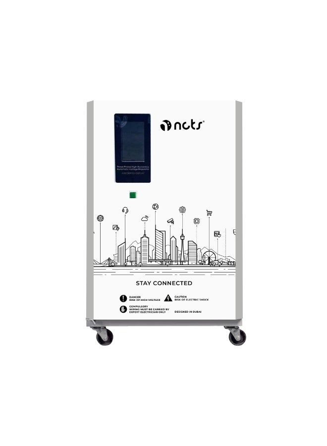 منظم جهد أوتوماتيكي ثلاثي الطور NCTS QSTROM PRO 10KVA (10KVA/8KW) سلسلة RT تحكم رقمي متقدم، جهد الإدخال 260V-450V، جهد الإخراج 380V، مثبت، مزود بدائرة حماية من الحمل الزائد في الإخراج