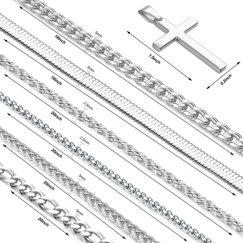 LOYALLOOK 6PCS Silver Chain for Men Women Stainless Steel Cross Chain Layered Cuban Link Figaro Snake Box Necklace Cross Pendant Necklace, 18-20in - Image 2