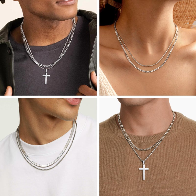 LOYALLOOK 6PCS Silver Chain for Men Women Stainless Steel Cross Chain Layered Cuban Link Figaro Snake Box Necklace Cross Pendant Necklace, 18-20in - Image 5