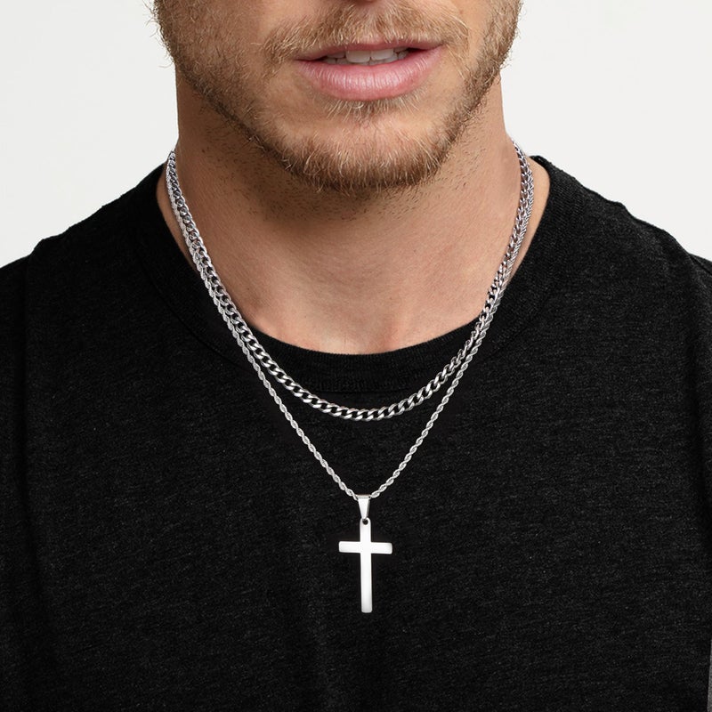 LOYALLOOK 6PCS Silver Chain for Men Women Stainless Steel Cross Chain Layered Cuban Link Figaro Snake Box Necklace Cross Pendant Necklace, 18-20in - Image 3