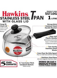 Hawkins 1 Liter Stainless Steel Saucepan/Tpan With Glass Lid,Induction Compatible,Silver  - Image 2