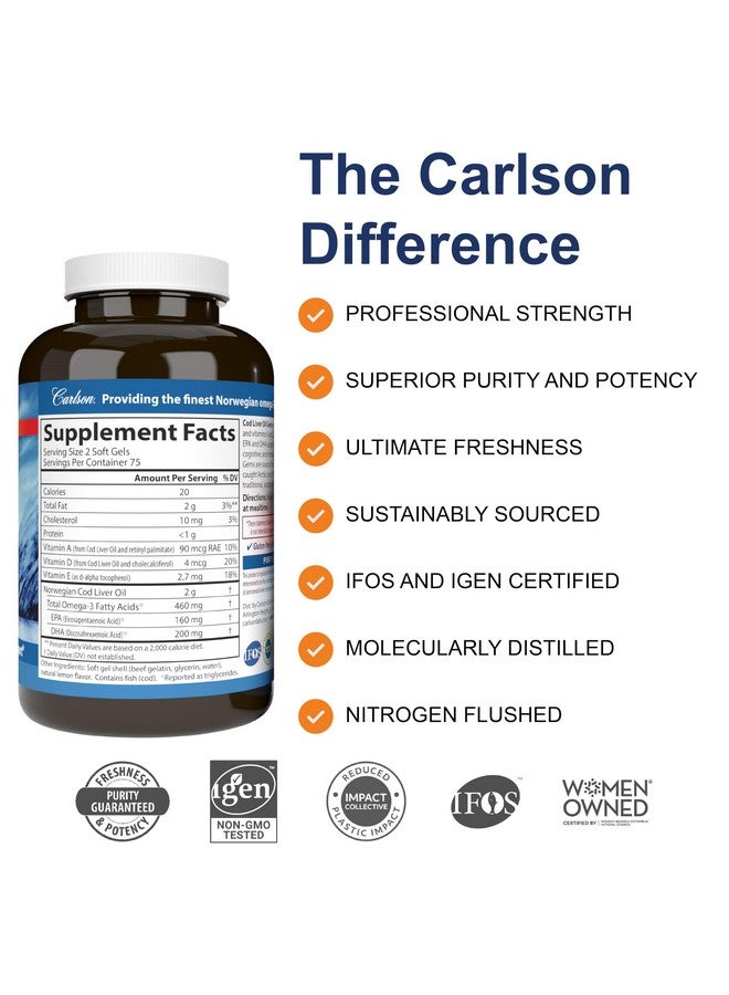 Carlson - Cod Liver Oil Gems, 460 mg Omega-3s + Vitamins A & D3, Wild-Caught Norwegian Arctic Cod Liver Oil, Sustainably Sourced Nordic Fish Oil Capsules, Lemon, 180 Softgels - Image 2