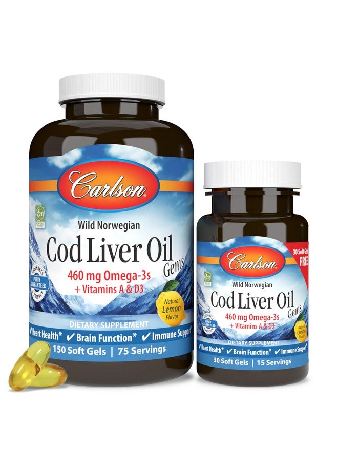 Carlson - Cod Liver Oil Gems, 460 mg Omega-3s + Vitamins A & D3, Wild-Caught Norwegian Arctic Cod Liver Oil, Sustainably Sourced Nordic Fish Oil Capsules, Lemon, 180 Softgels - Image 1