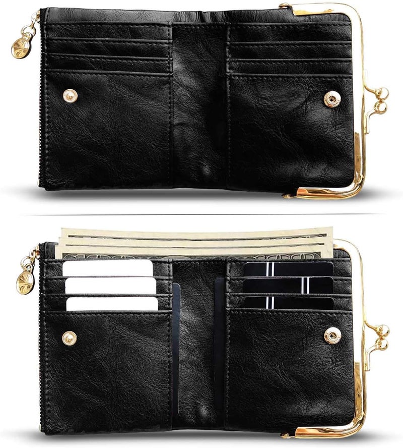 AOXONEL Womens Wallet Small Rfid Ladies Compact Bifold Leather Vintage Coin Purse With Zipper and Kiss Lock - Image 2