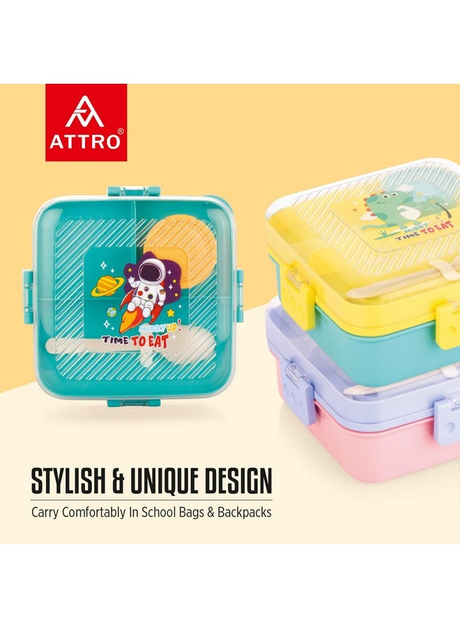 ATTRO My Lunch 2 Layer Plastic Lunch Box Comes with Fun Dinosaur Print, 1 Detachable Tray, 1 Small Container & 1 Spoon Ideal for Kids BPA Free 1590ml+70ml- Yellow - Image 2