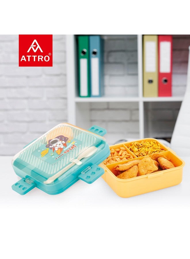 ATTRO My Lunch 2 Layer Plastic Lunch Box Comes with Fun Dinosaur Print, 1 Detachable Tray, 1 Small Container & 1 Spoon Ideal for Kids BPA Free 1590ml+70ml- Yellow - Image 3