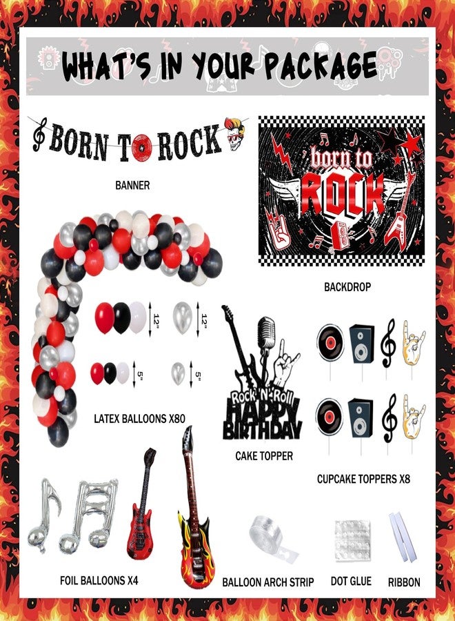 Hombae 95 PCs Rock and Roll Party Decorations, Hombae Rock Music Themed Birthday Party Supplies Born to Rock Backdrop Balloon Garland Glitter Banner Cake Cupcake Topper Guitar Rock Star Black Red Silver - Image 2