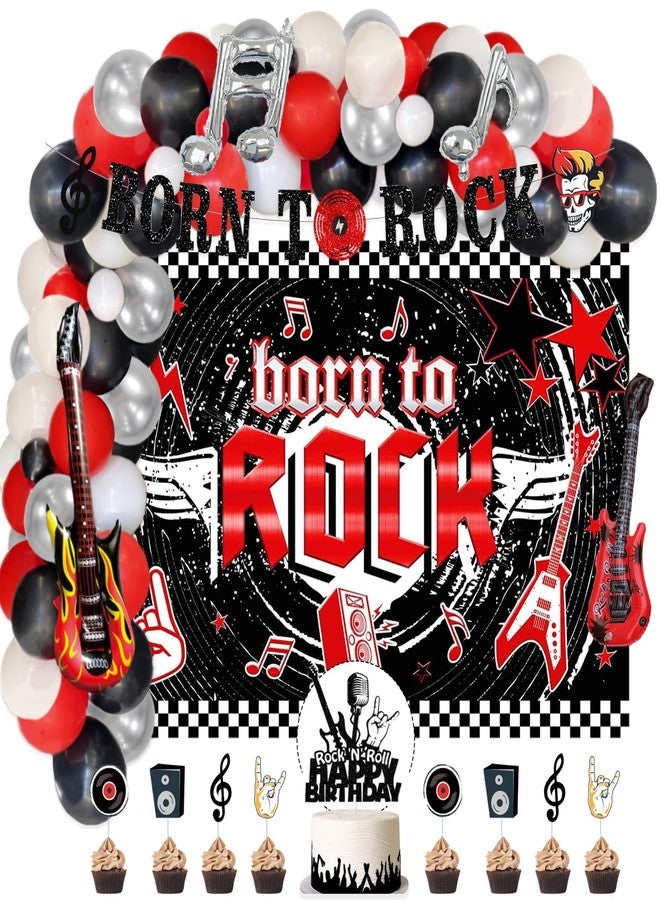 Hombae 95 PCs Rock and Roll Party Decorations, Hombae Rock Music Themed Birthday Party Supplies Born to Rock Backdrop Balloon Garland Glitter Banner Cake Cupcake Topper Guitar Rock Star Black Red Silver - Image 1