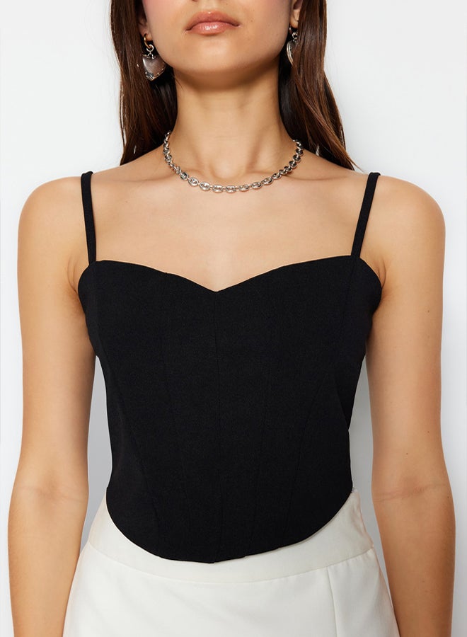 trendyol Black Fitted Crop Adjustable Strappy Crepe Knit Bustier - Image 3