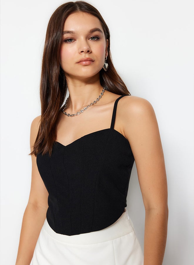 trendyol Black Fitted Crop Adjustable Strappy Crepe Knit Bustier - Image 1