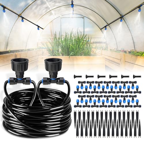 HIRALIY 118FT Greenhouse Misting Drip Irrigation Kit, Hanging Plant Watering, Garden Watering System with 1/4" Blank Tubing and Misting Nozzles, Quick Connector Design Automatic Irrigation System - Image 1