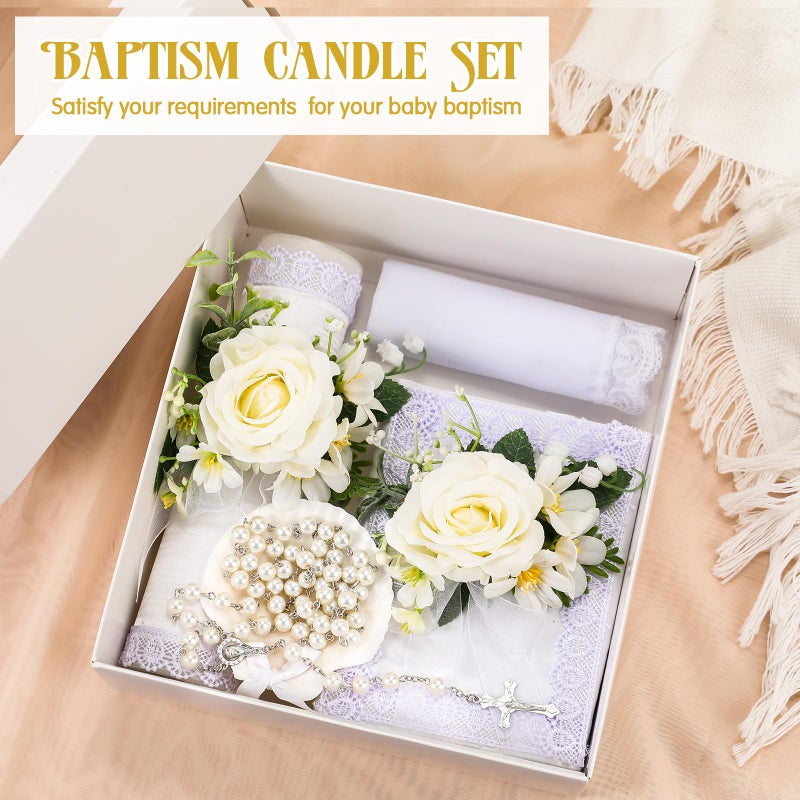 Threlaco 5 Pcs Baptism Candle Set for Boys Girls Included Catholic Devotional Candle with Flower, Baptism Towel, Rosary, Bible for Christenings Baptismal Party Favors(White) - Image 2