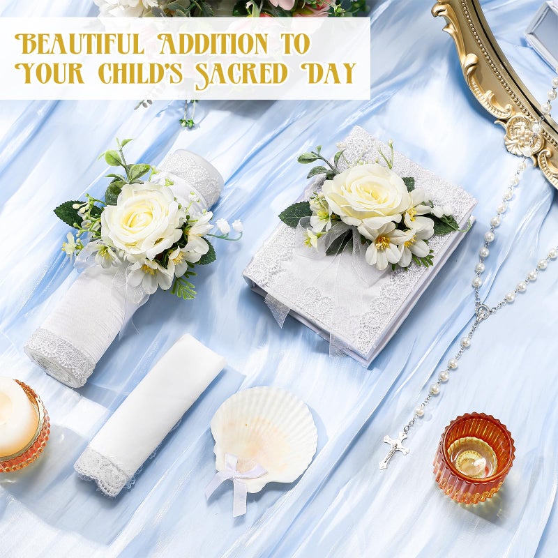 Threlaco 5 Pcs Baptism Candle Set for Boys Girls Included Catholic Devotional Candle with Flower, Baptism Towel, Rosary, Bible for Christenings Baptismal Party Favors(White) - Image 5