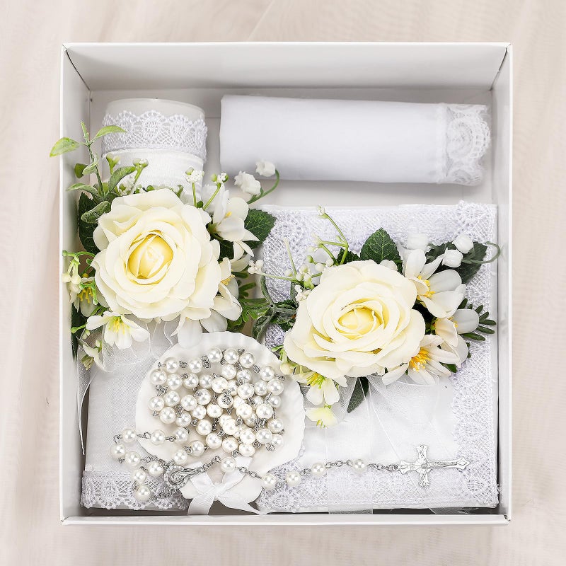 Threlaco 5 Pcs Baptism Candle Set for Boys Girls Included Catholic Devotional Candle with Flower, Baptism Towel, Rosary, Bible for Christenings Baptismal Party Favors(White) - Image 4