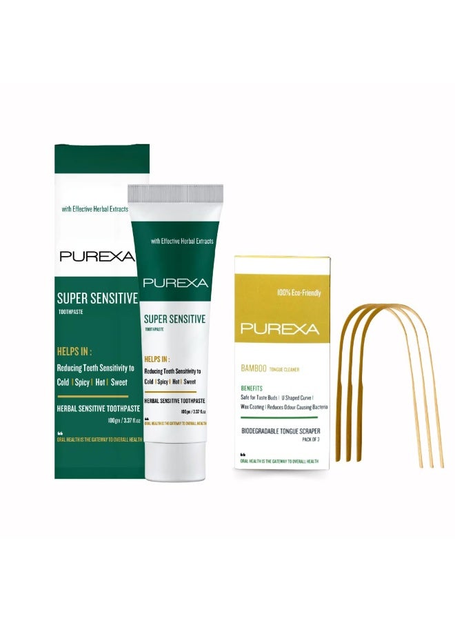 PUREXA Herbal Sensitive Oral Care Combo | 1 Sensitive Toothpaste (100g) with Bamboo Tongue Cleaner Pack of 3 | Ayurvedic Formula for Sensitive Teeth & Fresh Breath - Image 1