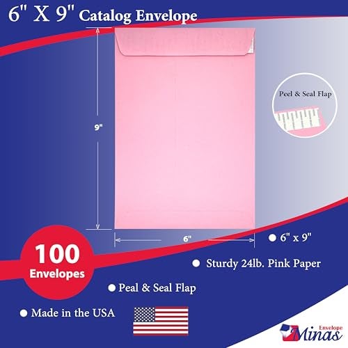 Minas Envelope 100 Minas Envelope 6" x 9" Catalog Envelopes, Peel & Seal Flap, Sturdy 24lb. Paper, 100 Count (Pink) - Image 2
