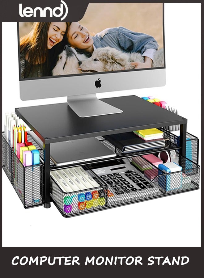 Desk Organizer and Accessories, 2-Tier Computer Monitor Stand Riser with Drawer and 2 Pen Holders, Office Desk Accessories for Office Supplies, Black